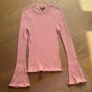 PAIGE Cotton-Blend Dusty Rose Ribbed Flare Sleeve Sweater
